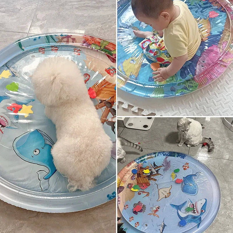 Thickened Inflatable Water Sensory Play Mat for Cats and Dogs with Ocean-Themed Toys and Cooling Features