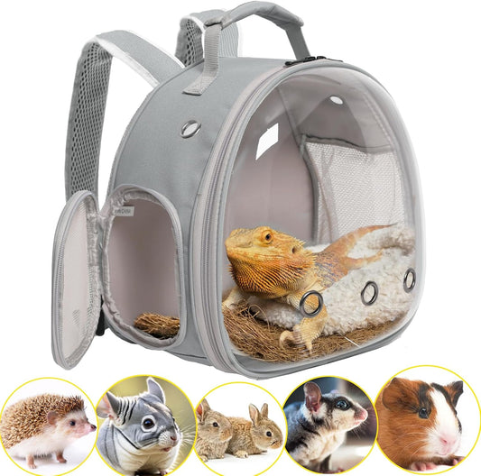 Guinea Pig Carrier Backpack, Reptile Outdoor Used, Bearded Dragon Carrier with Clear Bubble Window, Small Animal Travel for Hedgehog Rat Parrot, Airline Approved (Grey)